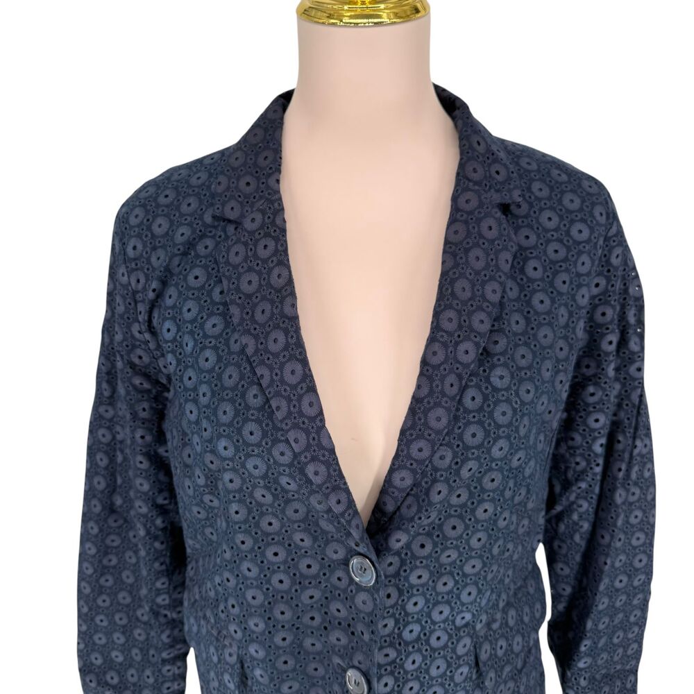 Cynthia Rowley Eyelet Blazer L Blue Cotton Floral Cutout Jacket Pocket Cottage - Picture 3 of 10